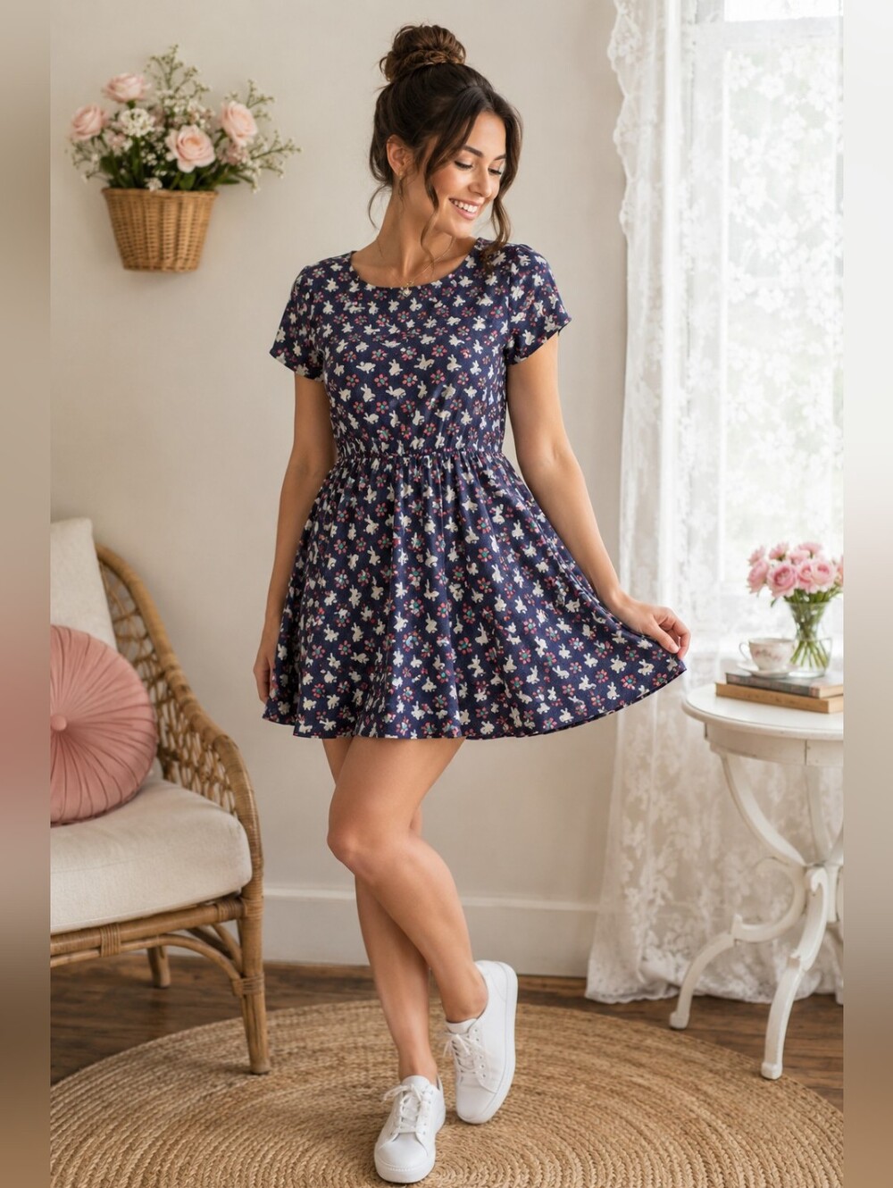 ModCloth Monteau Bunny Rabbit Print Fit & Flare Mini Dress Blue Pink L Juniors - Picture 2 of 9
